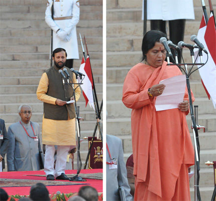 <p>Prakash Javadekar (left) and Uma Bharti (right) take oath as ministers (Images by Press Information Bureau, Government of India)</p>