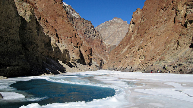 <p>The Phutkal river was largely frozen when it was blocked by a landslide in January, but breached the blockade in a flood on May 7 as the ice melted</p>