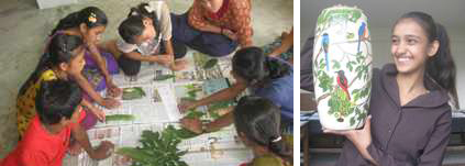 <p>An art class in progress (left), a student shows a finished work of art (right) (Images by Teresa Rehman)</p>