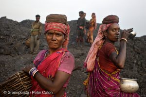 <p>Female coal workers of the Rajapur Mining Project in Jharia coal mine. Jharia is one of the most important coal mines in India and one of the largest in Asia. Before coal was unearthed in this area, Jharia was a belt of dense forests inhabited by tribes. Thousands of poor, mostly unskilled, migrants from neighboring states have settled in Jharia over the years. Most of them collect coal illegally to pay for their two meals a day.</p>