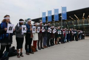 <p>NGOs protest against being barred from last week&#8217;s UN climate talks. Inside the building, familar disagreements blocked progress just a month ahead of Paris summit (Image by Global Campaign to Demand Climate Justice</p>