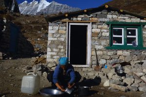 <p>A woman washing her dishes outside a temporary stonehouse at Khyanjim Gumba, Langtang</p>