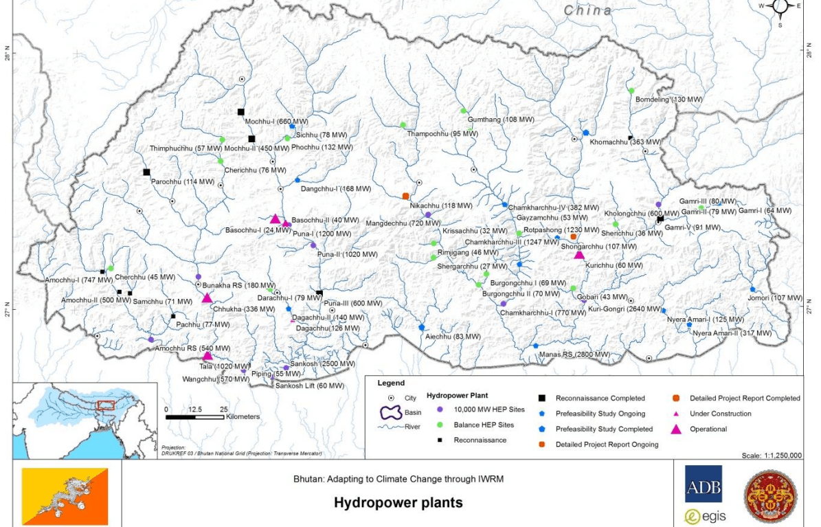 map of hydropower Bhutan: adapting to climate change through IWRM 