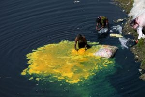 <p>People wash chemical bags  in the Turag River.</p>