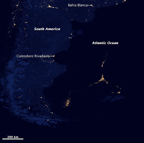 night map of southern cone of america, Argentina EEZ, 