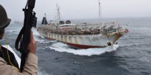 <p>The coastguard in pursuit of the Jing Yuan 626, a vessel found fishing illegally in Argentine waters in February 2018. (Image: Naval Prefecture)</p>