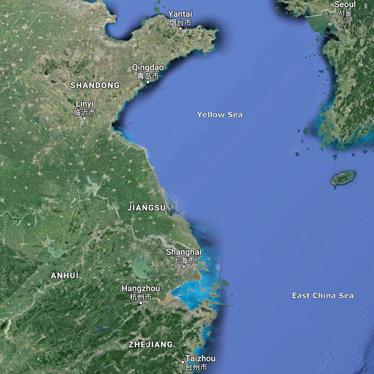 Algal blooms are common in the Yellow Sea and off the Yangtze estuary in the East China Sea (Image: Google Earth)
