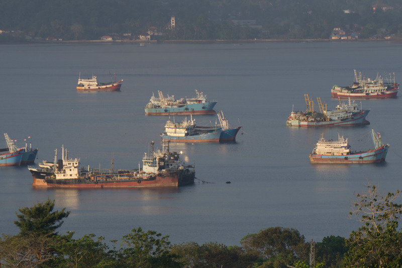 Some of the foreign fishing vessels anchored in Ambon, Maluku, Indonesia in 2015 during the Indonesian government moratorium on foreign fishing vessel licenses. © Ardiles Rante / Greenpeace