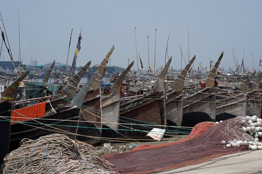 Small-scale artisanal gillnetters moored in Fish Harbor in the eastern seaport city of Chittagong