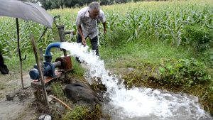 man using privately owned water pump to do flooding irrigation