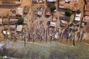 Aerial of wooden canoes lined up along a shore