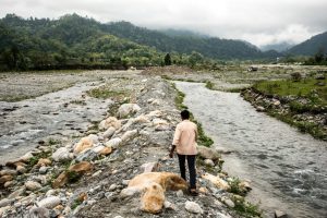 man walking along Bhutan's Sarbhang Chu river