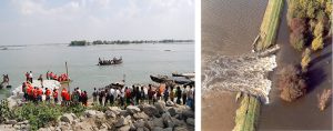 <p>The usual attempt to shore up an embankment in North Bihar (left) and an embankment is breached in the Kosi basin (right) [Images by: Rajiv Sinha]</p>