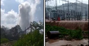 <p>The fountain of water from the burst pipe at the Kopili hydropower station (left); water gushes through the project area, damaging electrical equipment [images by: Biren Inghi]</p>
