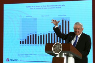 Mexican President Andrés Manuel López Obrador at a July 2019 press conference on his plan for state-national oil company Pemex.
