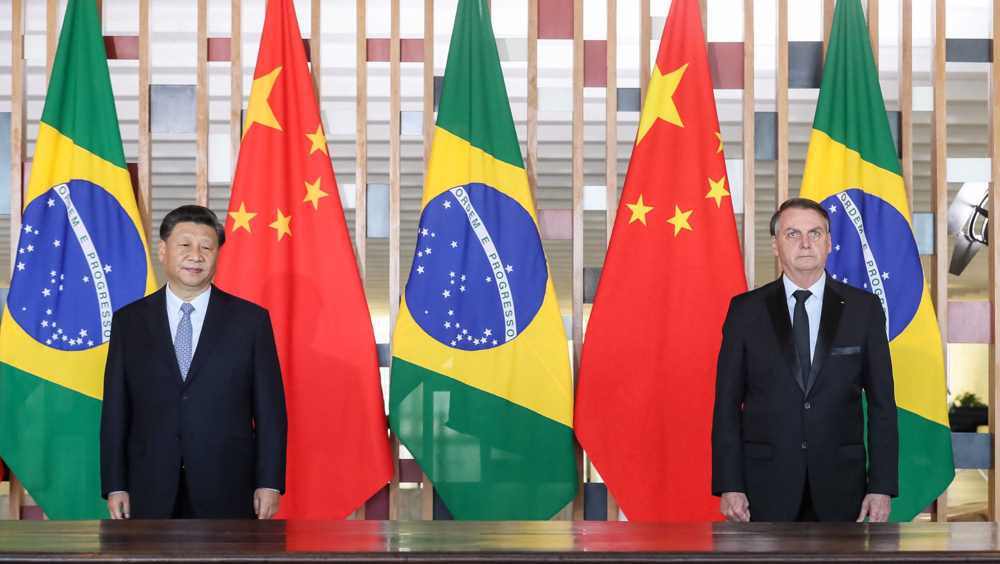 Chinese President Xi Jinping and Brazilian President Jair Bolsonaro at the 11th BRICS Summit in Brasilia.