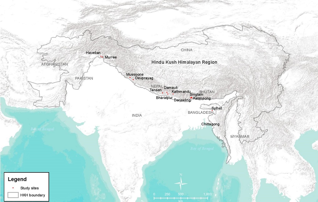 Map of HKH showing the towns included in the study: Murree and Havelian in Pakistan; Kathmandu, Bharatpur, Tansen and Damauli in Nepal; Mussoorie, Devprayag, Singtam, Kalimpong and Darjeeling in India; and Sylhet in Bangladesh [image by: ICIMOD]. This is a physical map and does not show any political boundary.