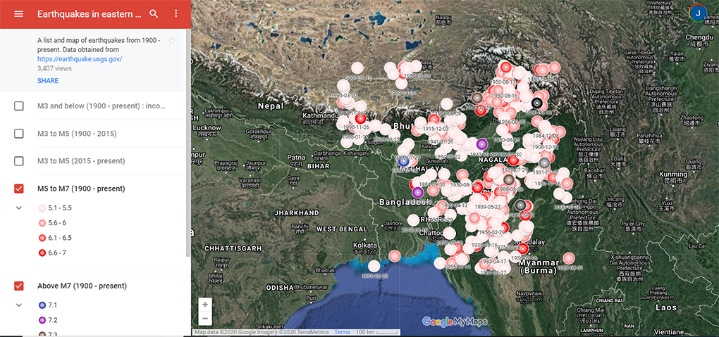 Earthquakes above 5 on the Richter scale since 1900 in and around north-eastern India [Google image based on data from USGS and IRIS]