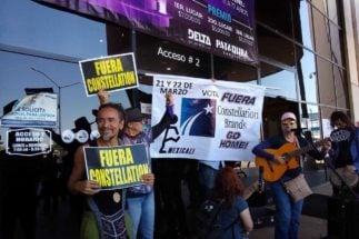 <p>Rubén Albarrán (left), lead singer of pop group Café Tacuba, protests against the Constellation Brands&#8217; brewery in Mexicali (image: Dulce Felix Saguchi)</p>
