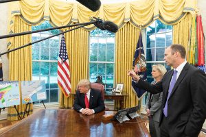 <p>President Trump&nbsp;listens as FEMA&nbsp;administrator Brock Long addresses reporters on Oct&nbsp;10 on the possible impact of Hurricane Michael on the south-east US. (Image:&nbsp;Shealah Craighead)</p>