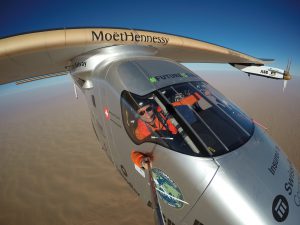 Bertrand Piccard doing a selfie in the solar impulse aircraft