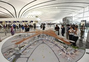 A model of Beijing's airport, Daxing’s terminal building within the terminal itself, on the day the airport opened, 25 September 2019 (Image: Alamy)