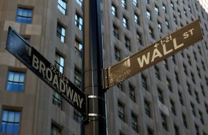 wall street road sign, broadway, financial centre