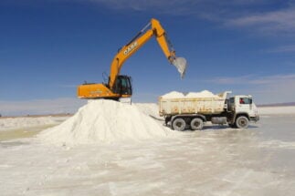 A truck carries potassium chloride at the Uyuni Flat in Bolivia