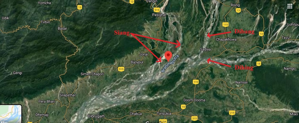 map of confluence of Siang-Dibang-Dihing [Google map adapted by Farhana Ahmed]