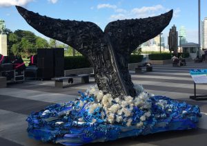 <p>A whale sculpture made out of ocean plastic debris on display at the UN conference centre (Image: James Fahn)</p>