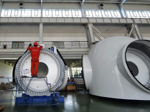 A wind turbine nacelle manufactured by Goldwind, one of China's top clean energy companies