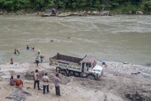 sand mining in the Trishuli river in Dhadhing