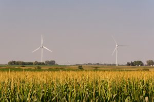 Wind turbines near the small farming town of Nevada, Iowa