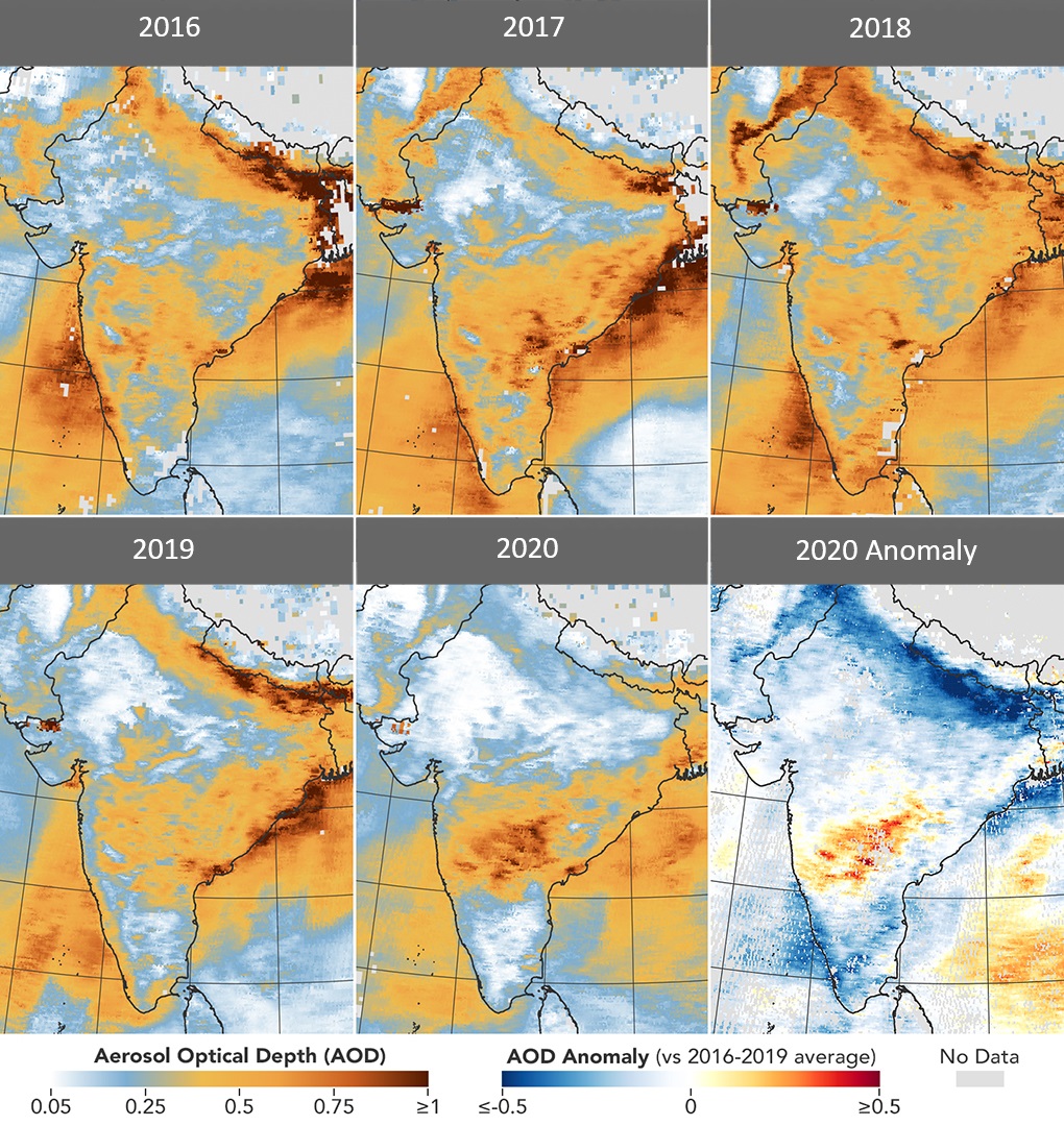 Data from the Terra Satellite’s Moderate Resolution Imaging Spectroradiometer (MODIS) shows aerosol optical depth (AOD) measurements over India from March 31 to April 5 each year from 2016 to 2020. The sixth map shows a strong anomaly in AOD in 2020 compared to the average for 2016-2019