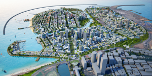 <p>A computer rendering of Port City Colombo showing skyscrapers rising above land reclaimed from the sea (Image: CHEC Port City Colombo (Pvt) Ltd)</p>