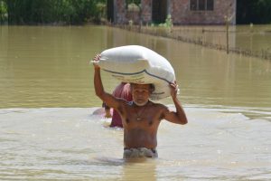 A resident of Tetelisara village in Assam’s Nagaon district carries out his foodgrain stock during Assa, floods Nagaon May 2020 [image by: Diganta Talukdar/Alamy]