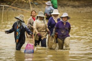 women walk through fishing pond in communities like Chiang Saen in northern Thailand