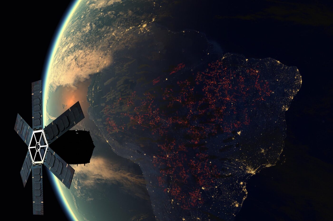 meteorological satellite recording Fires in the Amazon rainforest, visible night fires and smoke over South America