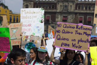 <p>Um manifestante segura um cartaz onde se lê: &#8220;Não quero uma refinaria. Não quero o trem maia. Quero que um planeta viva&#8221; (imagem: <a href="https://www.flickr.com/photos/151300191@N05/46700623854/">Francisco Colín Varela</a>)</p>