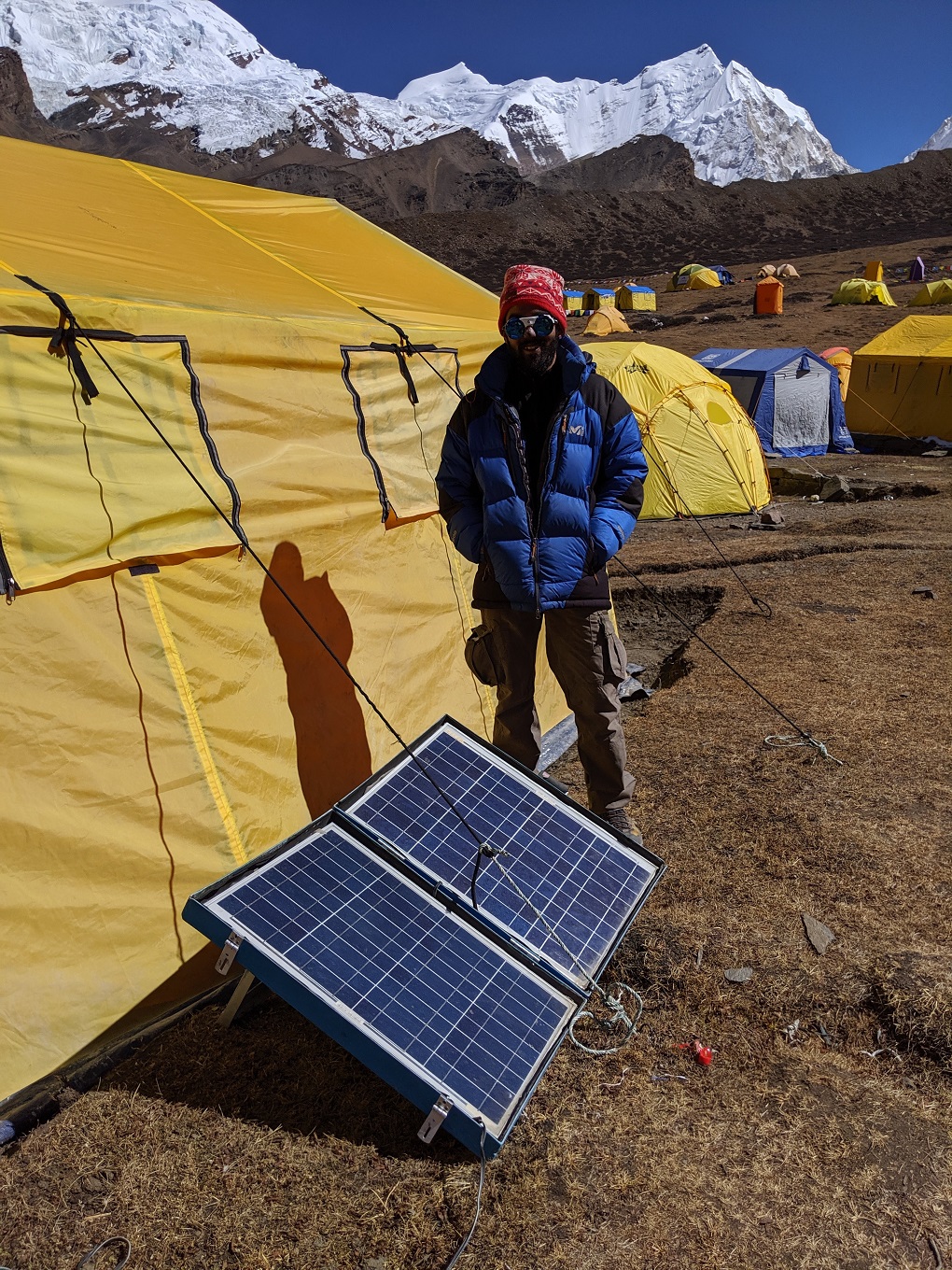Solar panels in use at Himlung Himal base camp (2019) [image courtesy: Harshvardhan Joshi]