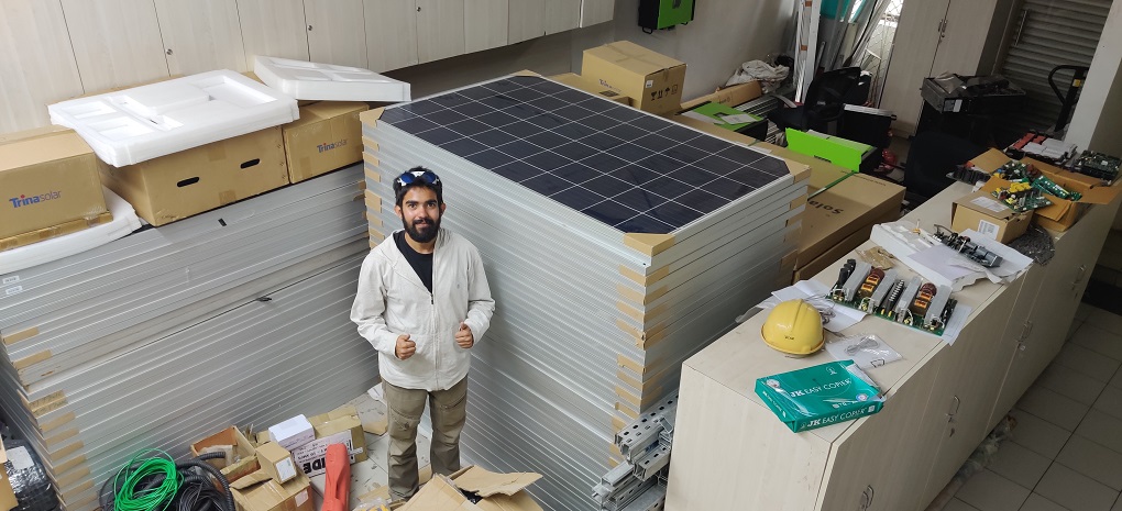At solar partners' warehouse [image courtesy: Harshvardhan Joshi]