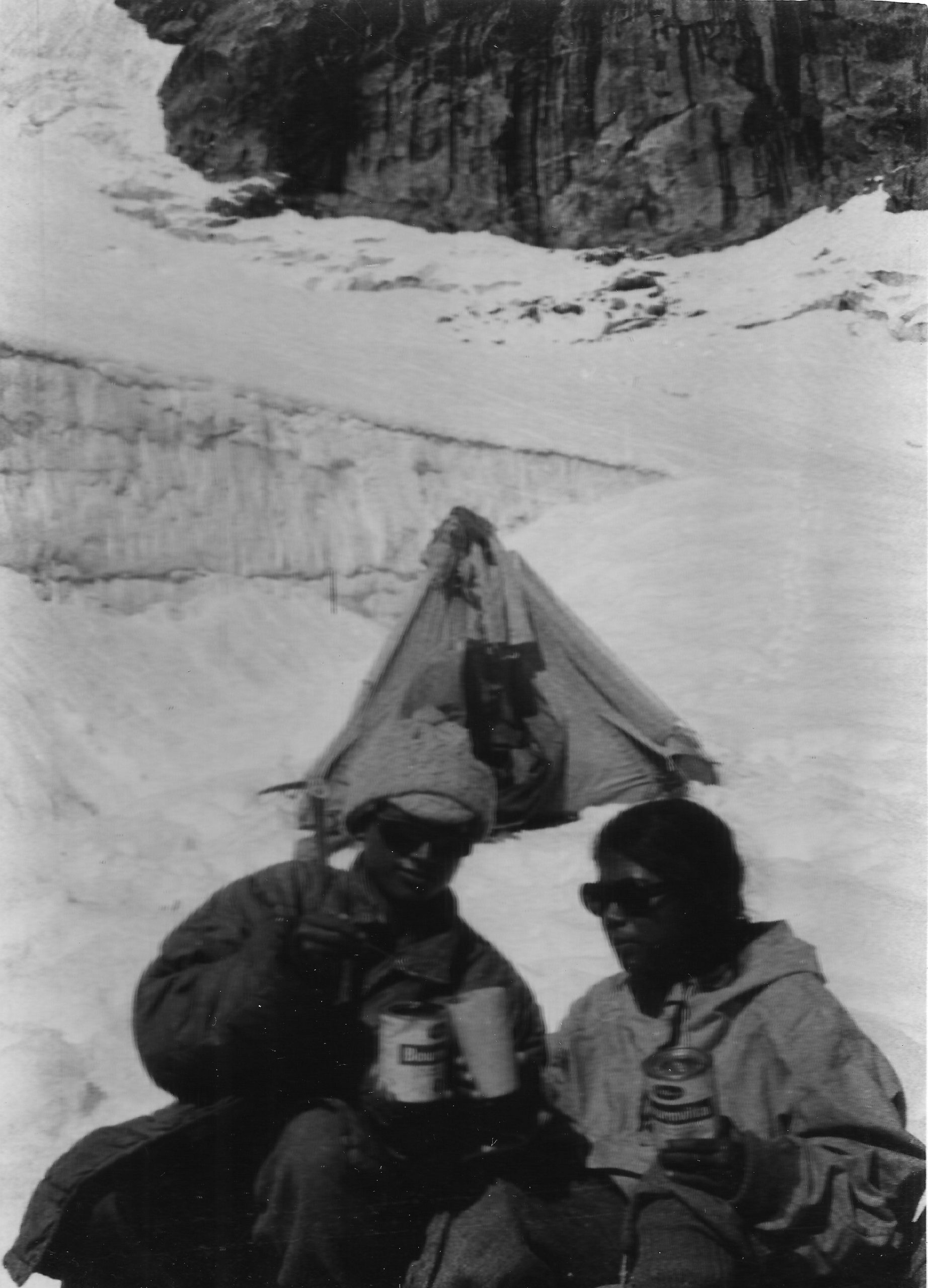 Enjoying tea at camp III, 18,000 feet, with Kamala (left) and Sudipta (right) [image by: Sudipta Sengupta]