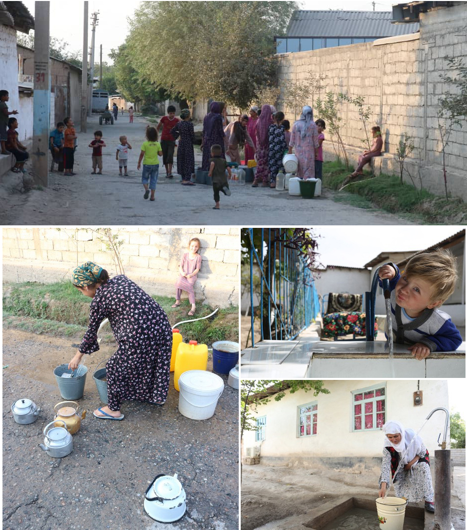 Even during the Covid-19 pandemic, queues and crowding at water supply points are common (top and bottom left); a drinking water spout in a school (middle right); in the absence of any supply at home, women have to carry buckets of water, often more than once a day (bottom right) [Images by: Firuza Karimova]
