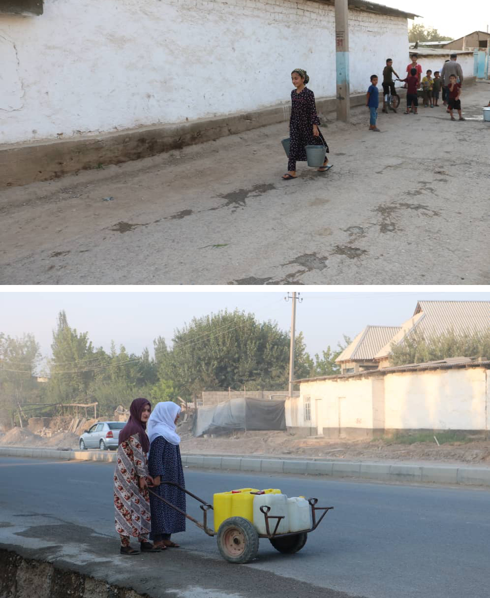 Two women fetching watr using trolleys, Tajikistan