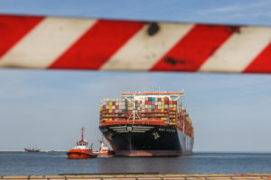 <p>The largest container ship in the world entering the Port of Gdansk, Poland (Image: Alamy)</p>