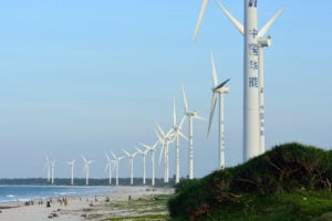 wind turbines on a beach in Shandong, China