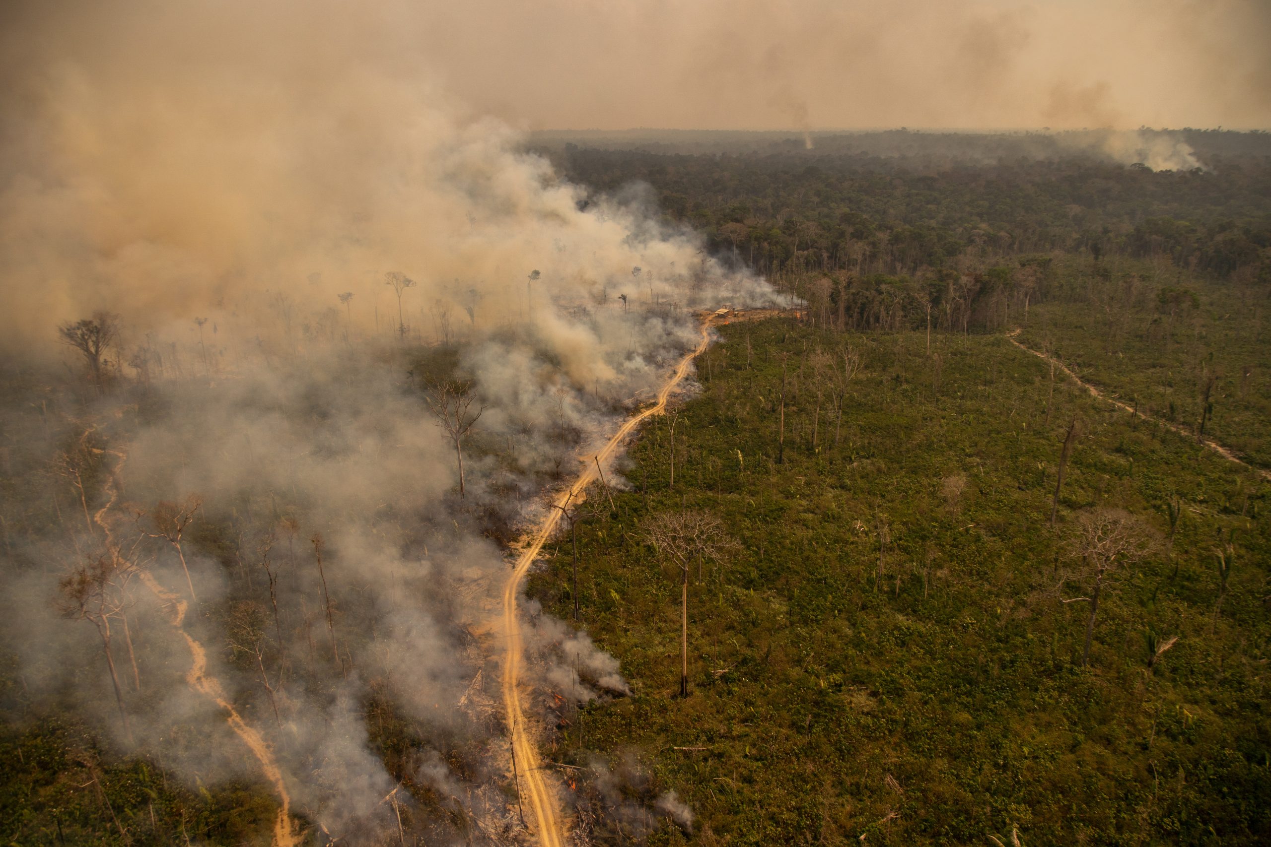 Aerial view of a fire in the Jaci-Paraná Extractive Reserve, in Porto Velho, Rondônia state, Brazil