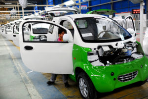 An electric car assembly line in Hangzhou city, east China
