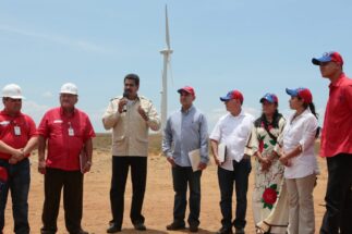 <p>Venezuelan President Nicolás Maduro at the La Guajira wind farm in Zulia State in 2013. (Image: <a href="http://www.minci.gob.ve/presidente-maduro-visito-parque-eolico-la-guajira/">Ministry of Communication of Venezuela)</a></p>