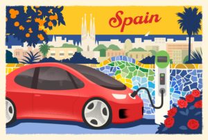 illustration showing electric car charging in spain